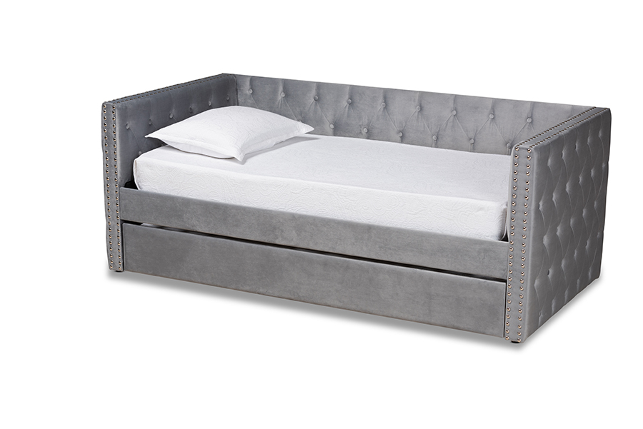 Baxton Studio Larkin Modern and Contemporary Grey Velvet Fabric Upholstered Twin Size Daybed with Trundle